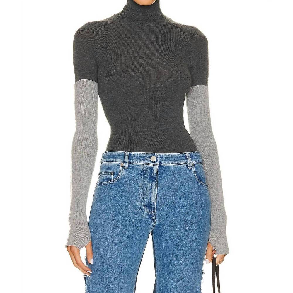 NEW PETER DO combo sleeve turtleneck sweater in cool grey/light grey sleeves